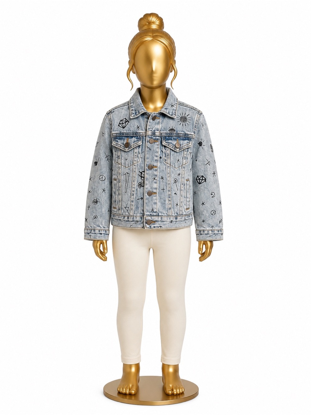 BDG Graphic Denim Jacket XS – Blue Brown Cartoon Print Button Down Jean Jacket